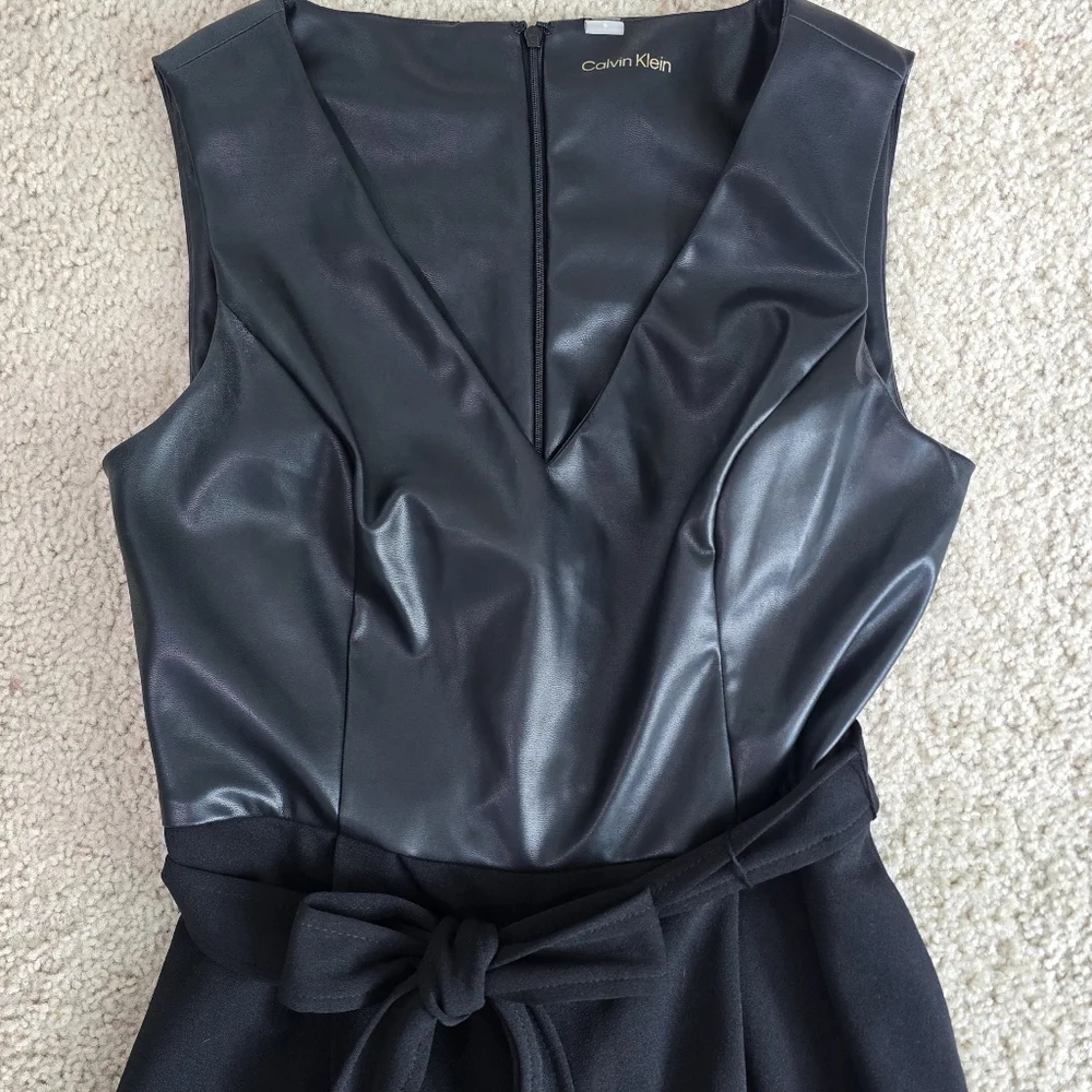Calvin Klein Belted Jumpsuit Black Dressy Event Career Wear Size 6 Faux Leather - Picture 2 of 6